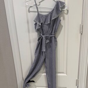 SHEIN Black and White Striped Ruffle Jumpsuit